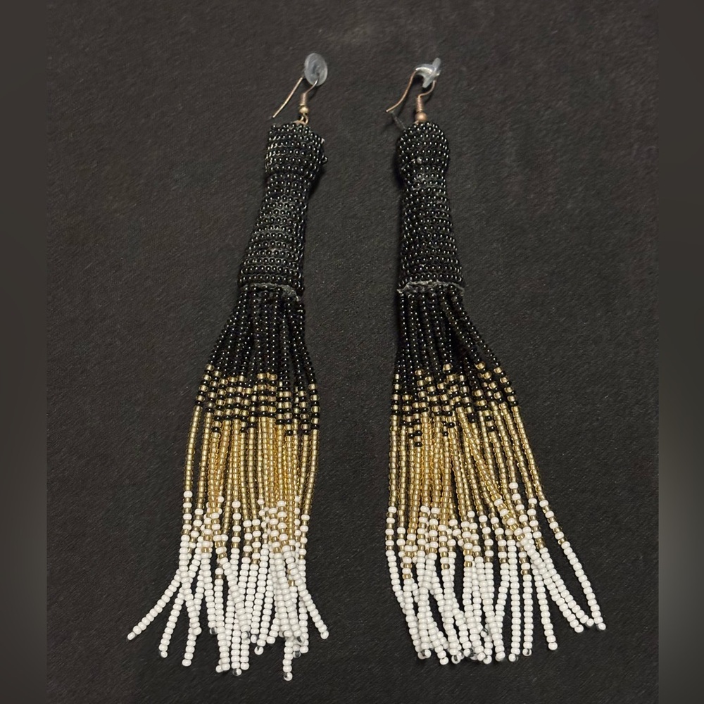 Handmade Beaded Tassel Statement Earrings in Black, Gold and White